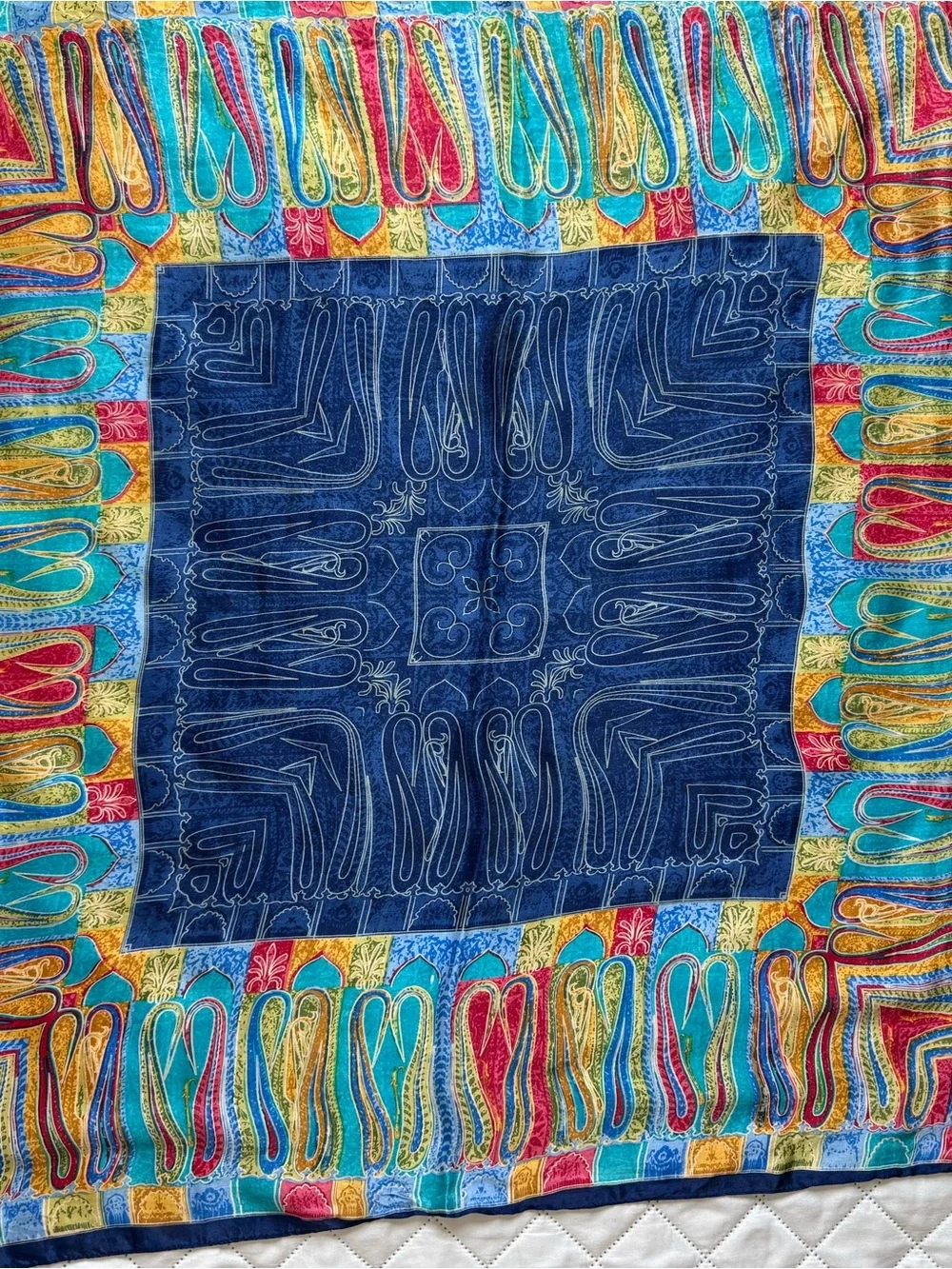 Vintage 100% Silk Abstract Mosaic Scarf Blue Multicolor 32”